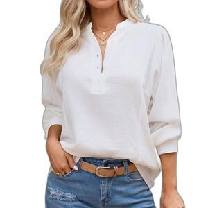 Astylish White V-Neck Balloon Sleeve Henley Shirt XXL - NWT Boho Casual Blouse